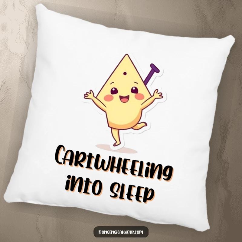 Funny pillow featuring a joyful triangular character happily performing a cartwheel, offering cozy comfort with a twist of geometric fun.