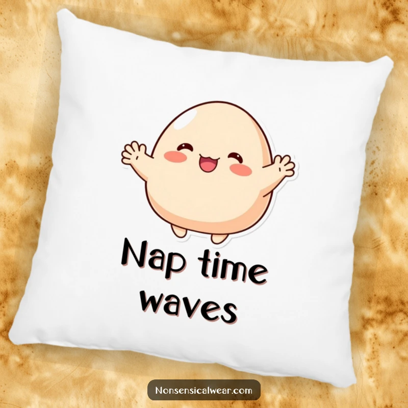 Funny Pillow: A cute blob character enthusiastically waving with tiny, stubby arms, adding comfort and friendly cheer.