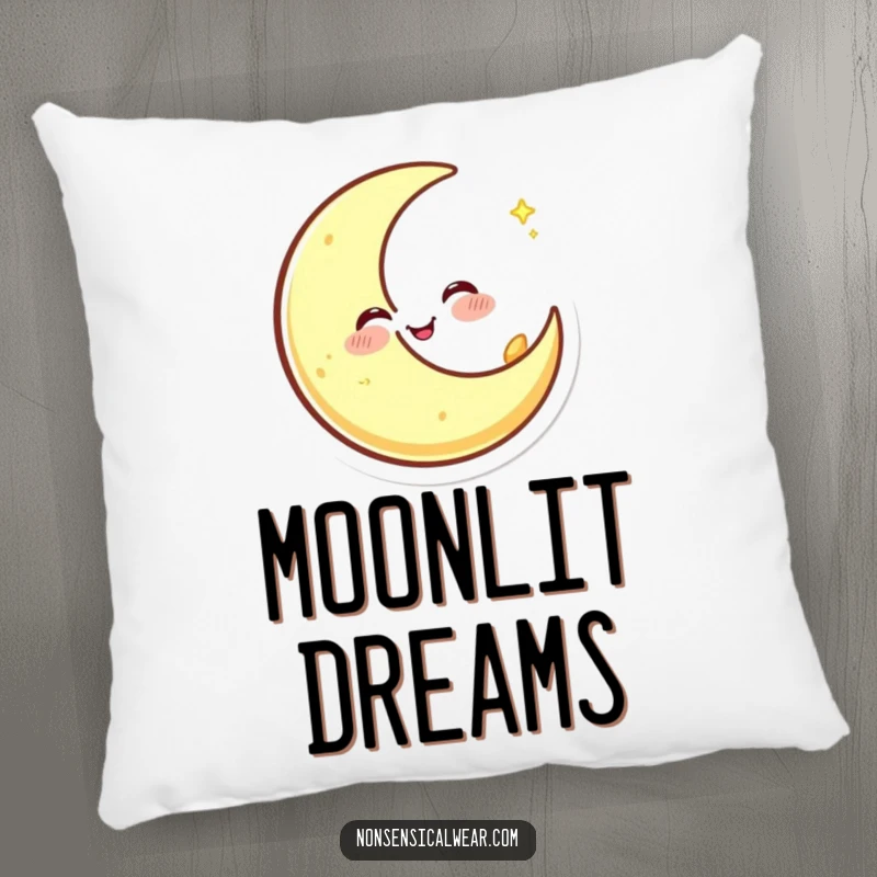 Funny pillow featuring a happy crescent moon character winking and spinning, bringing comfort and a touch of nocturnal magic.