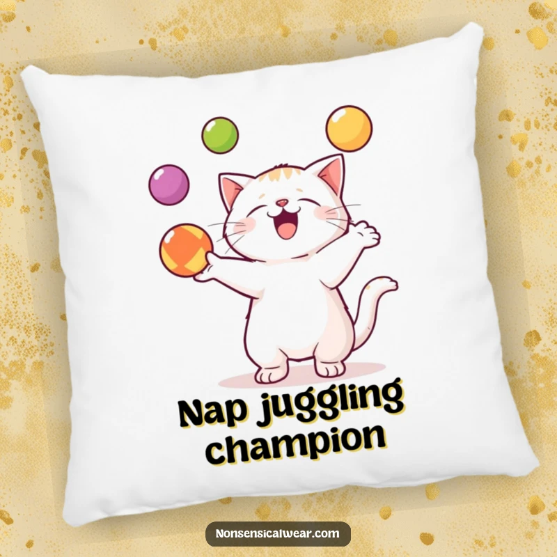 Funny Kawaii Cat Pillow: A talented kawaii cat juggles three colorful balls, offering comfortable and amusing decor.