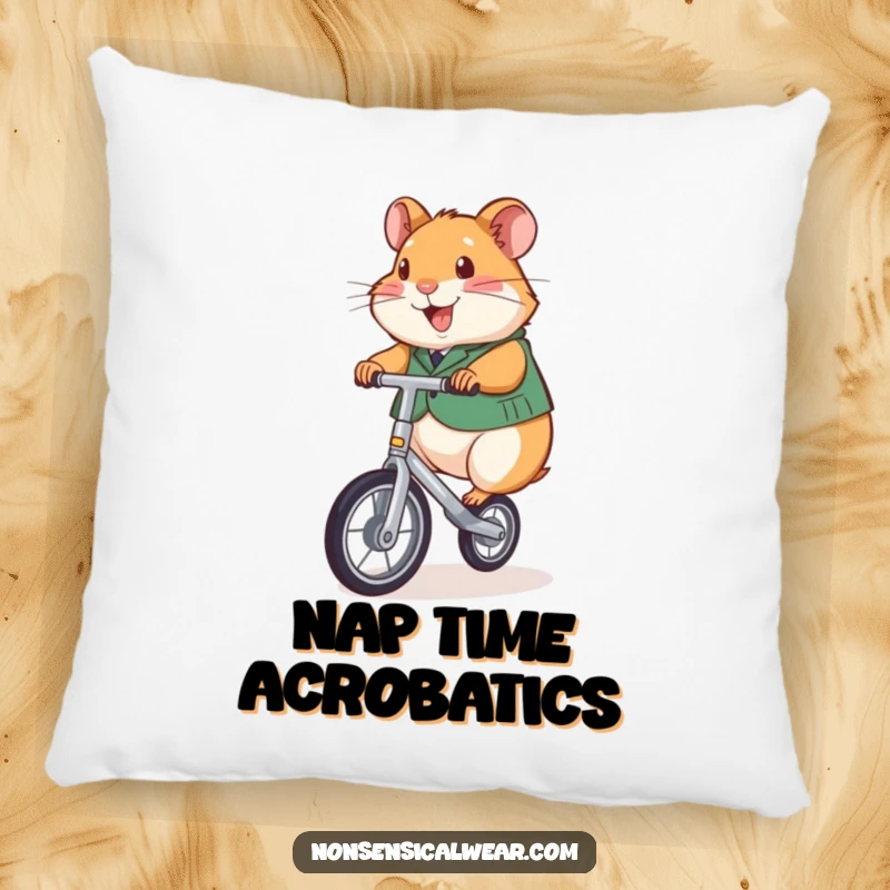 Funny pillow showcasing a happy hamster in a vest, expertly balancing on a small unicycle.