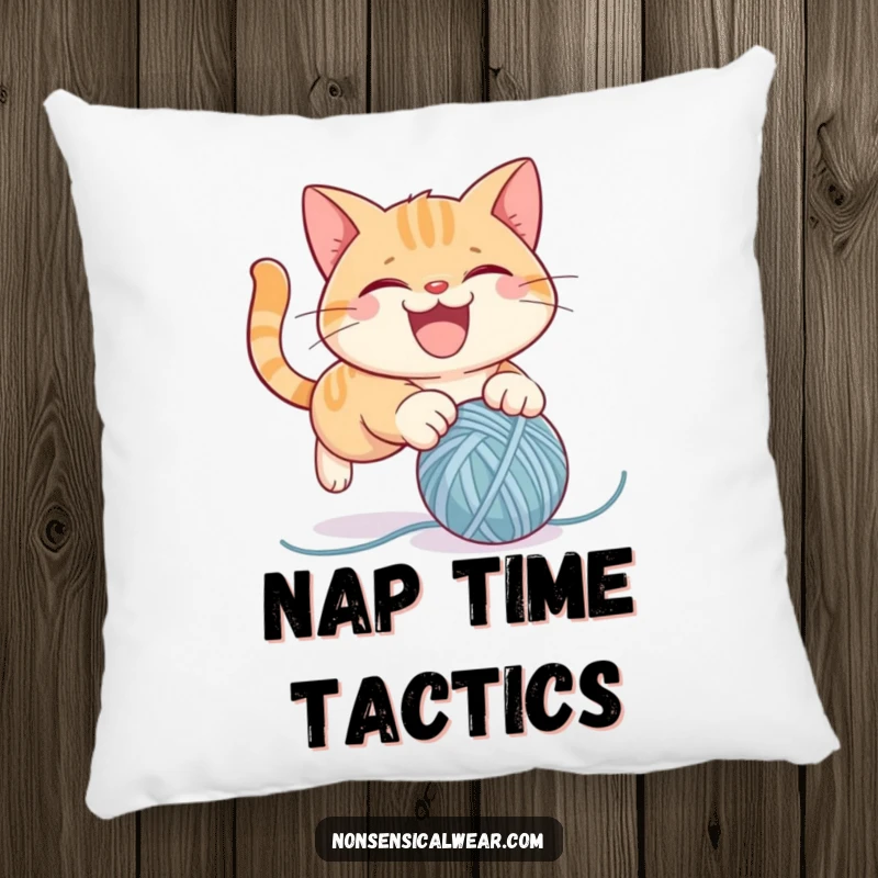 Funny pillow featuring a mischievous cat character gleefully attacking a ball of yarn, perfect for adding comfort and humor to any room.
