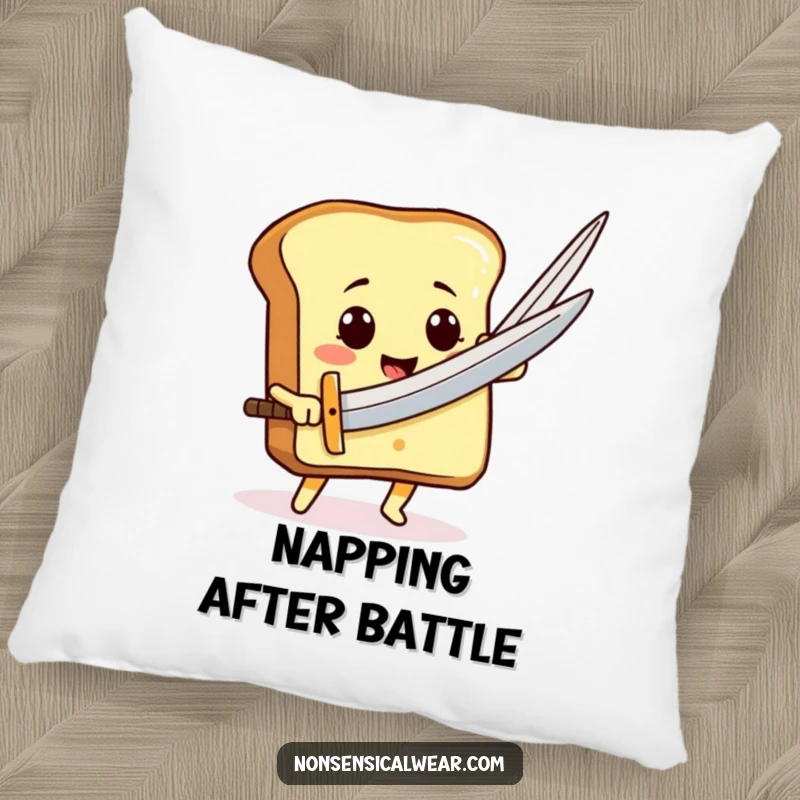 Soft, plush funny toast pillow, featuring a character wielding a needle sword, for cozy, heroic relaxation.