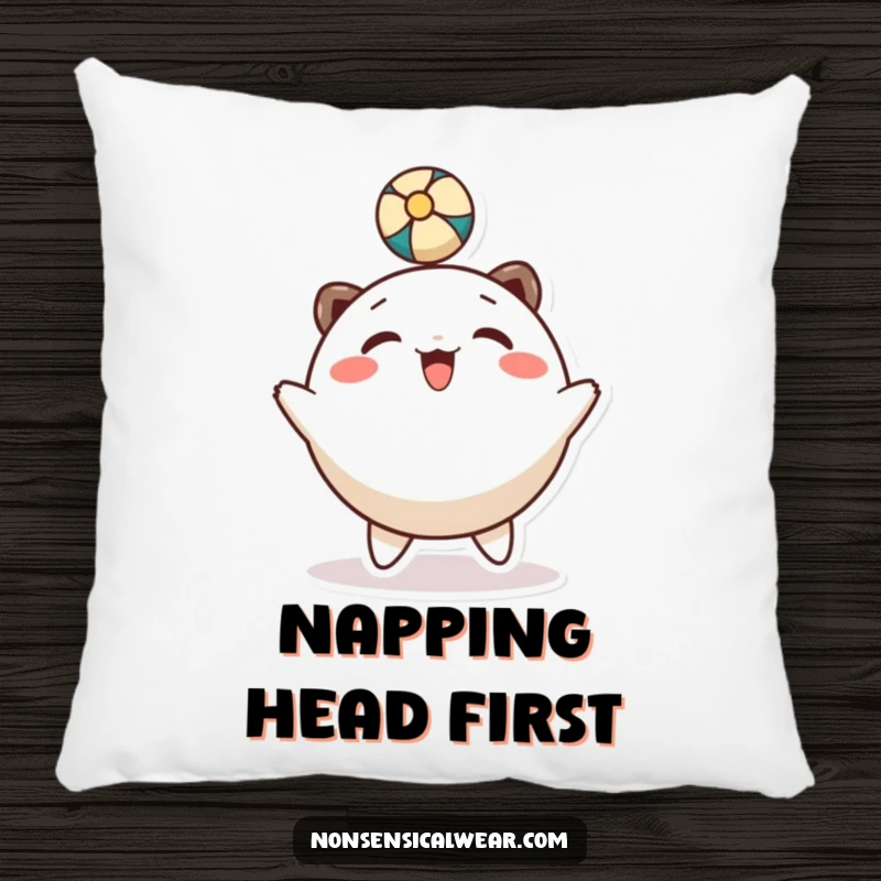 Funny pillow: a round, happy character gleefully bounces a ball with its head, offering comfort and joy.