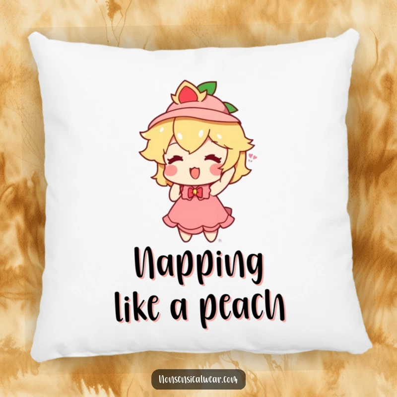 Soft, plush funny peach pillow, featuring a character joyfully trying on a miniature hat, for cozy enjoyment.