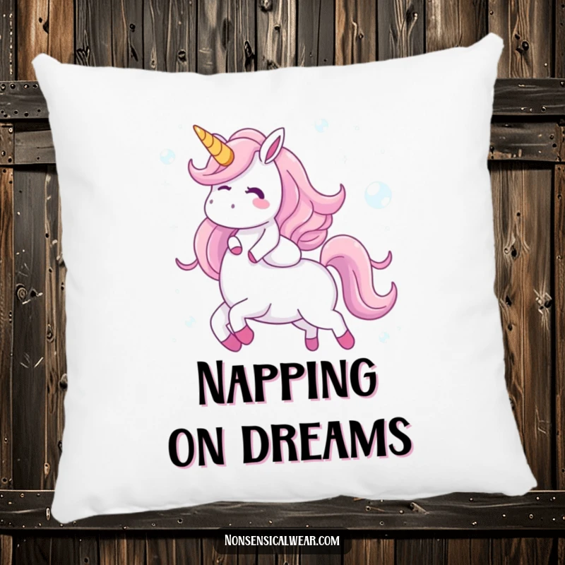 Funny pillow featuring a giggling character riding a unicorn made of iridescent bubbles, adding comfort and a touch of magical fantasy to any room.