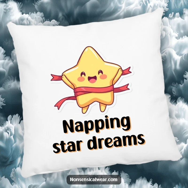 Funny pillow featuring a rounded star character joyfully jumping with a flowing ribbon, bringing comfort and happiness to any room.