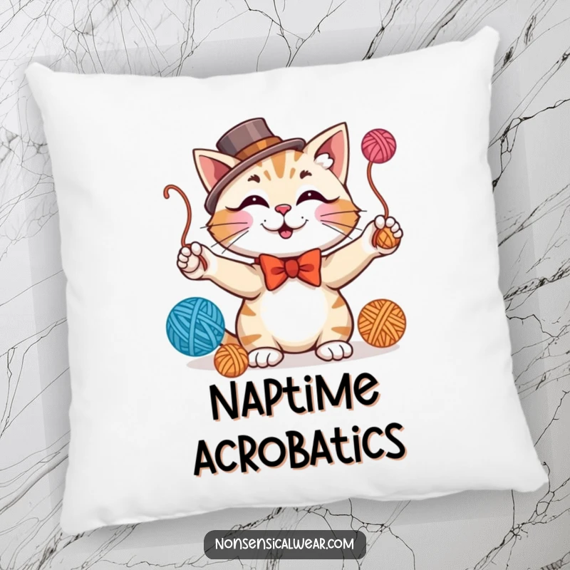 Funny pillow featuring a smiling cat in a bowtie and top hat, juggling yarn balls, offering cozy dapper comfort.