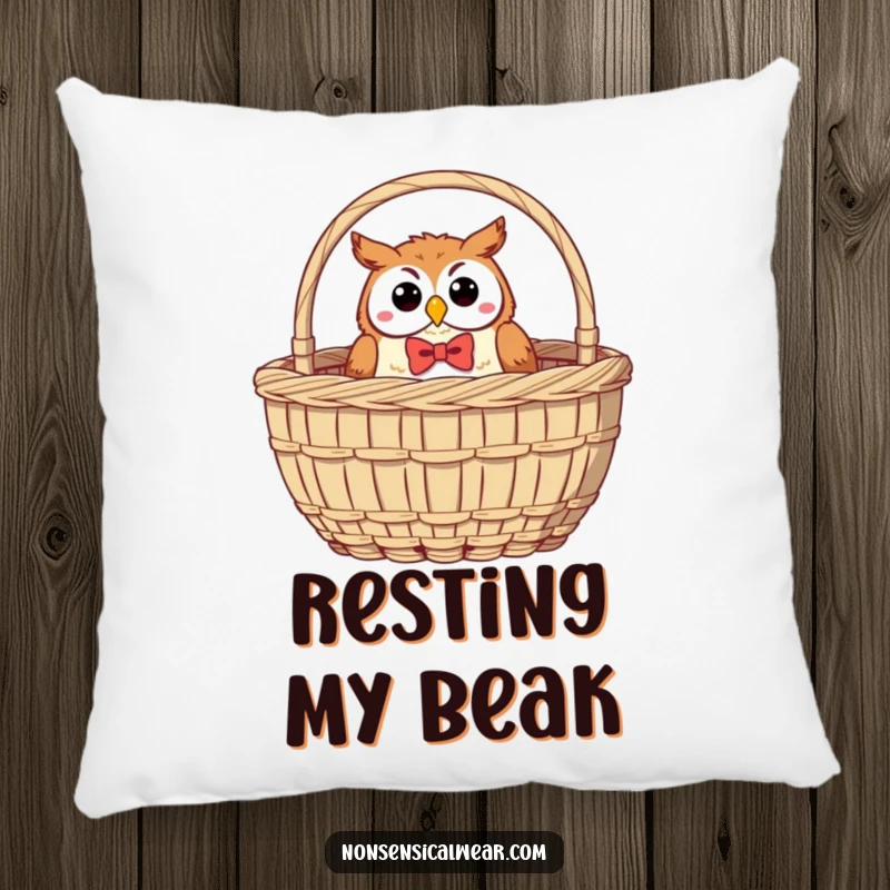 Funny Owl Pillow: A jolly owl with a bow tie peeks from a sewing basket, providing comfort and a humorous touch.