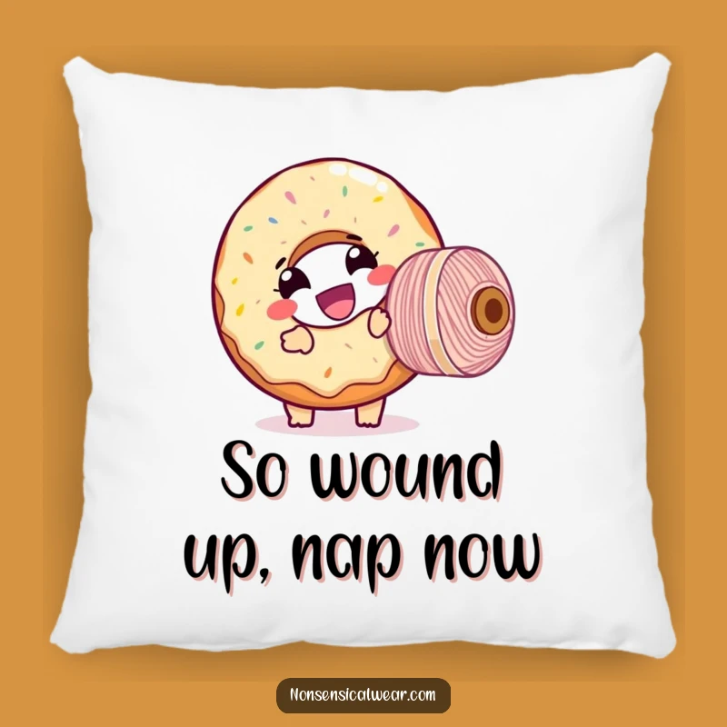 Funny Donut Threader Pillow: Cozy Cushion with Giggling Character and Yarn, Humorous Accent