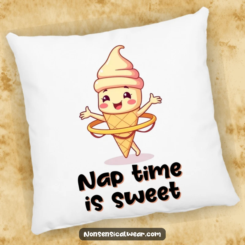 Funny smiling ice cream cone character spinning a hula hoop on a plush pillow, a soft and humorous decor item.