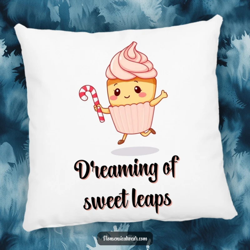 Funny kawaii cupcake character happily jumping rope with a candy cane, printed on a plush pillow, a soft and humorous decor item.