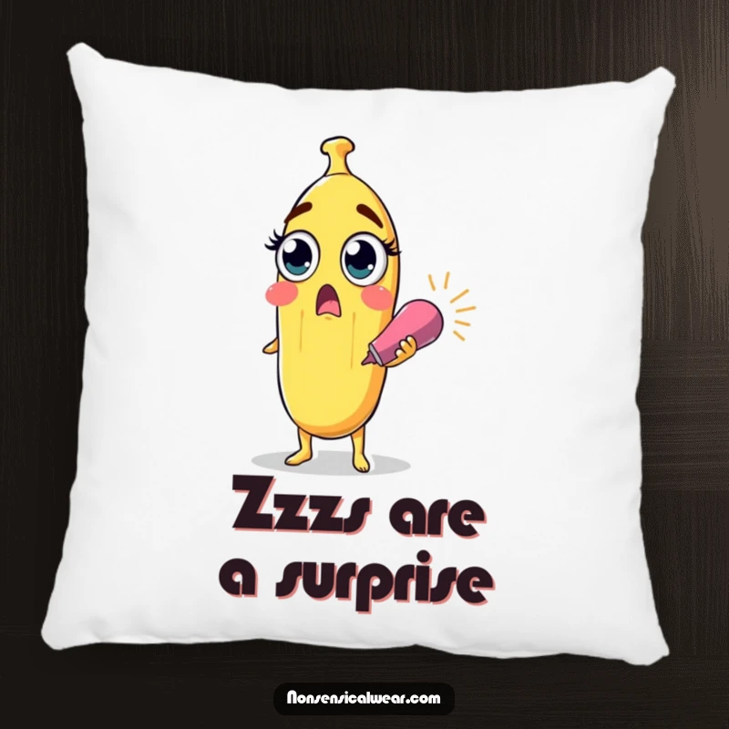 Funny surprised banana character with wide eyes holding a party popper on a plush pillow, a soft and humorous decor item.