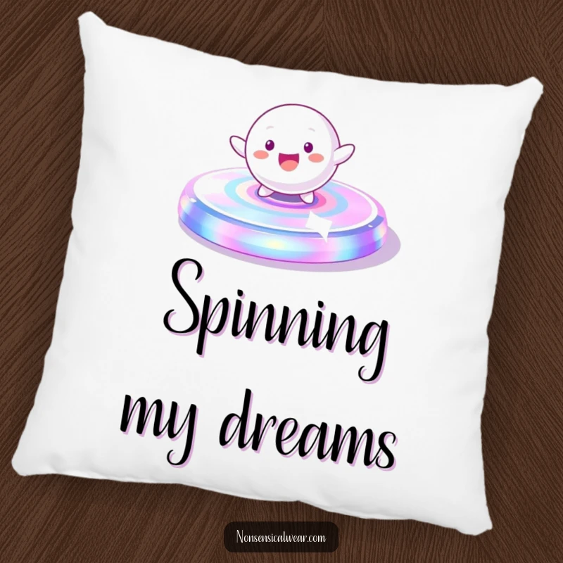 Funny Pillow: A playful, spherical character gleefully spinning on a vibrant, iridescent platform, adding comfort and fun.