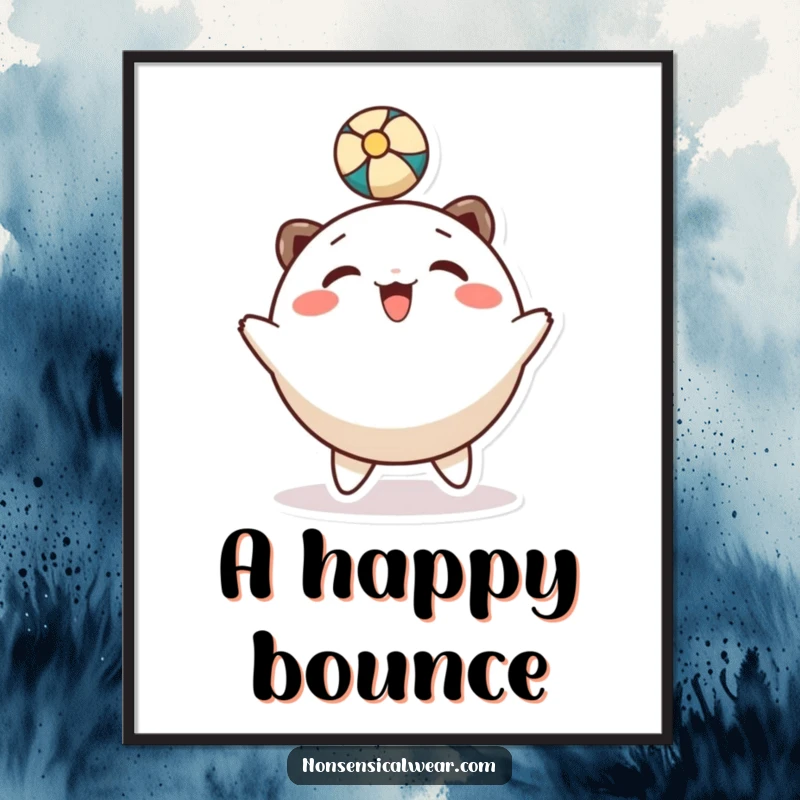 Digital art print: a round, smiling character gleefully bounces a ball with its head in a fun display.