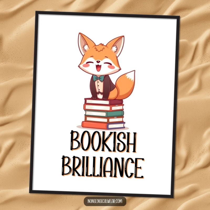 Funny digital art of a giggling fox in a vest and bow tie, balancing on a stack of books.