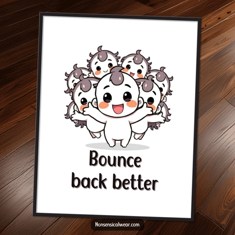 Funny digital art print of a joyful character creating multiple energetic bouncing duplicates, perfect for a vibrant and happy display.