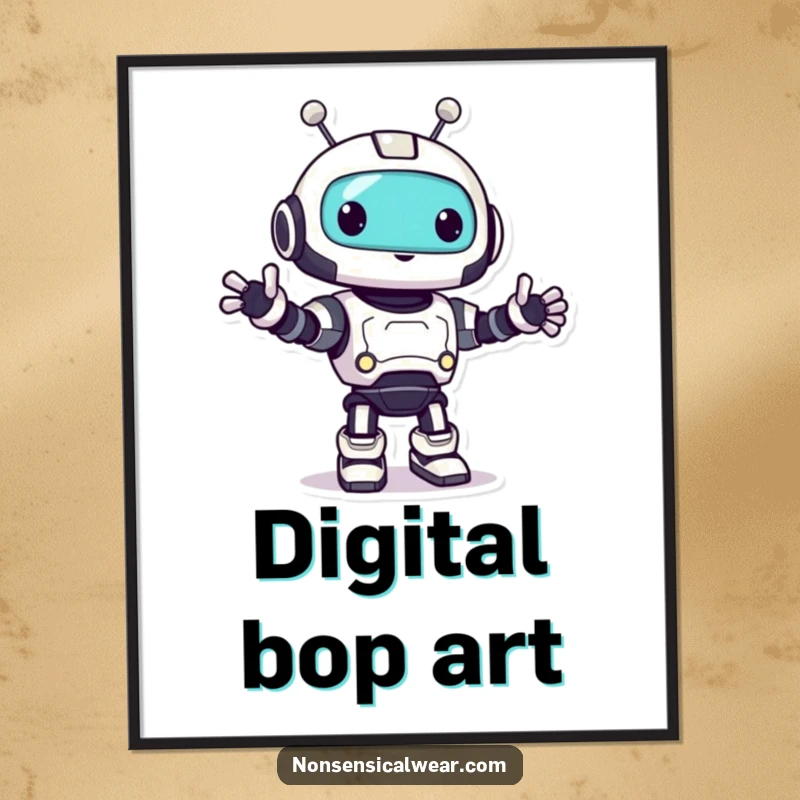 Funny robot digital art print of a playful character doing a happy little bop, downloadable for instant decor.