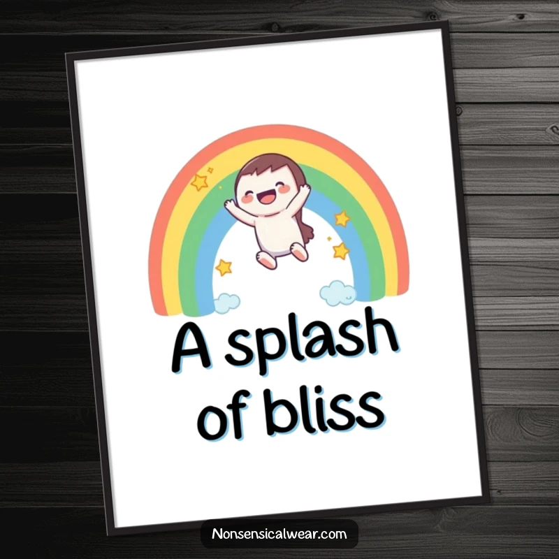 Digital art print: a laughing character joyfully slides down a colorful rainbow, surrounded by whimsical stars.