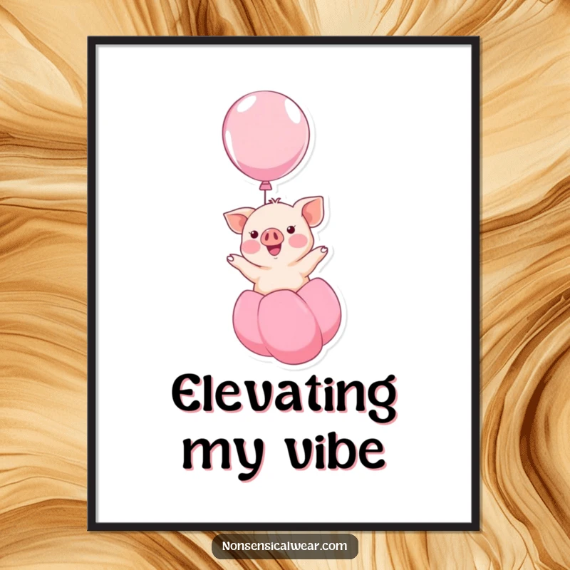 Funny kawaii piglet smiling and floating upwards on a balloon, a humorous and vibrant digital art print, perfect for instant wall decor.