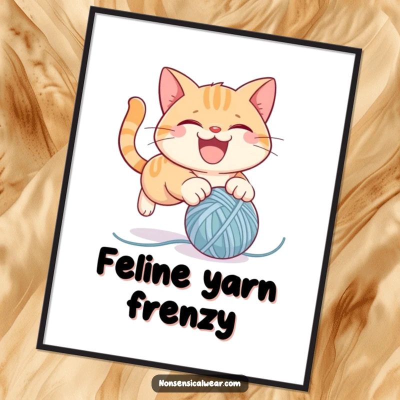 Funny digital art print of a mischievous cat character pouncing on a bouncy yarn ball, full of playful energy and humor, instantly downloadable.