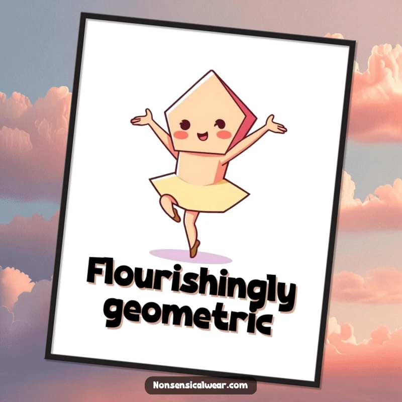 Funny digital art print of a vibrant pentagon character performing a graceful pirouette with a flourish, creating elegant and humorous decor.