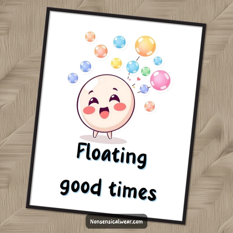 Funny Digital Art Print: A delighted circle character blowing a stream of colorful, floating bubbles, bringing instant cheer.
