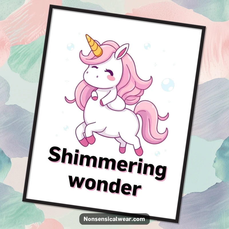 Funny digital art print of a giggling character riding a unicorn made of shimmering bubbles, capturing a whimsical and enchanting scene of pure delight.