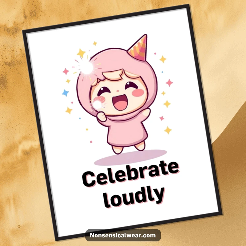 Funny digital art print of a character joyfully exploding a party popper, perfect for festive and humorous digital displays.