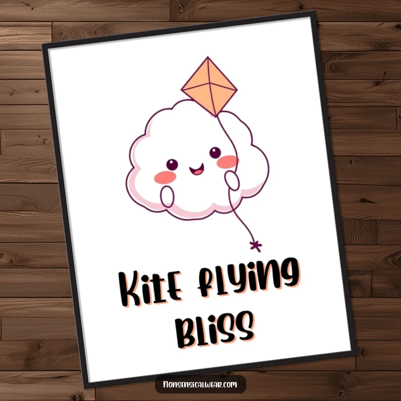 Funny digital art print of a smiling cloud character happily floating with a kite, designed to bring smiles and calm.