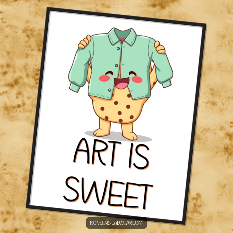Funny digital art print of a joyful cookie character proudly holding a finished garment, symbolizing crafting achievement and happiness.
