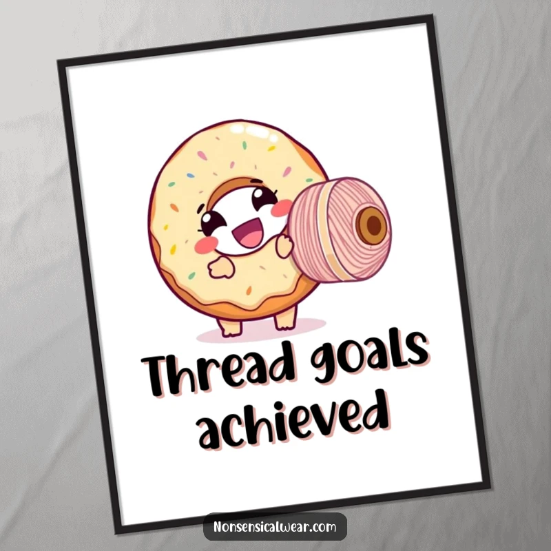 Funny digital art print of a giggling donut character comically entangled with a large spool of thread, perfect for humorous decor.