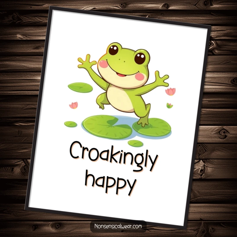Funny digital printable art of a smiling frog character leaping on lily pads, bringing instant joy.