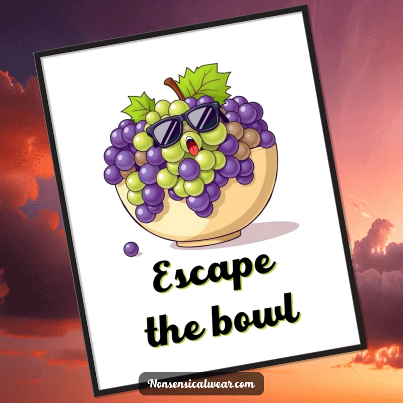 Funny grapes digital art print of startled grapes wearing tiny sunglasses, escaping a giant fruit bowl.