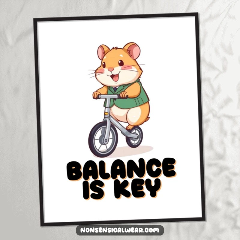 Funny digital art of a cheerful hamster in a vest, riding a miniature unicycle, ready to impress.