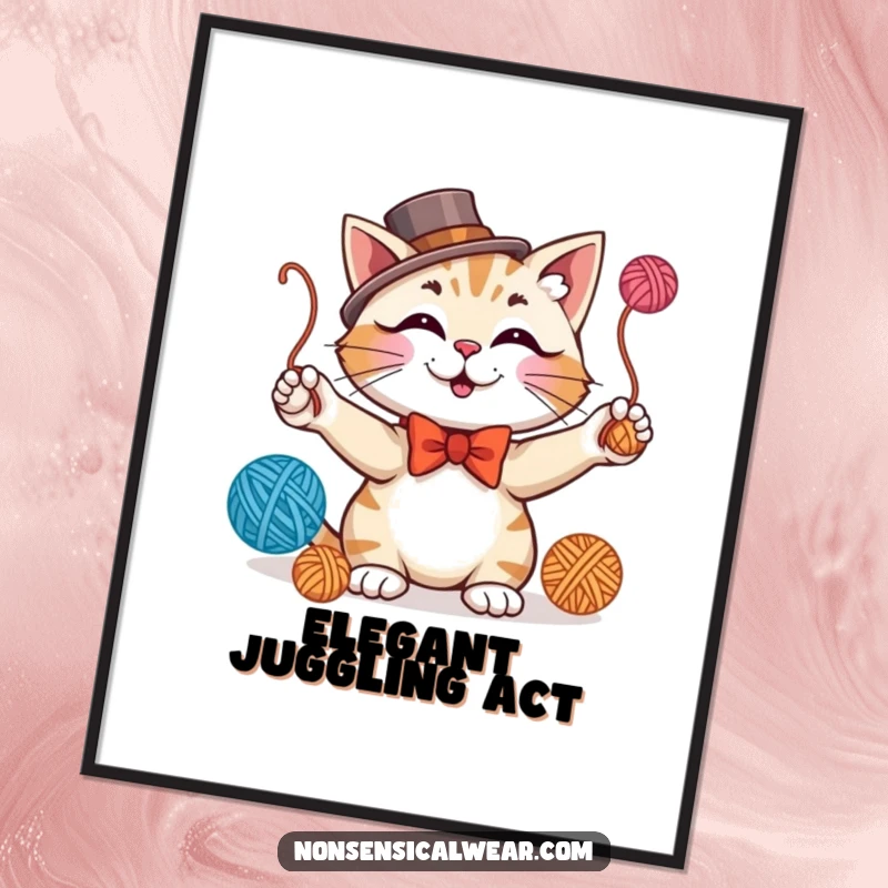 Funny digital art print of a dapper cat in formal wear juggling yarn balls, adding instant whimsical charm.