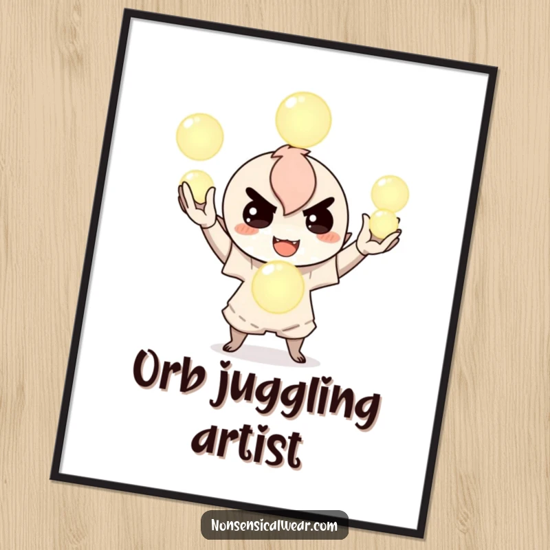 Funny digital art print of a mischievous character juggling three glowing orbs, radiating playful energy and magical charm, perfect for virtual backgrounds or prints.