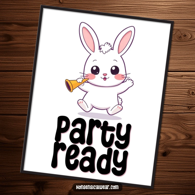 Funny Kawaii Bunny Digital Art: A wide-eyed kawaii bunny bounces, holding a party horn, bringing instant festive fun.