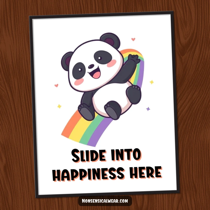 Funny Kawaii Panda digital art print of a panda gleefully sliding down a rainbow, perfect for printable decor.