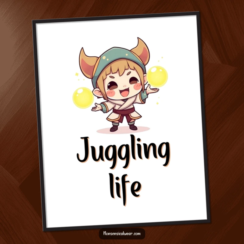 Funny digital art print of a sly character juggling three radiant orbs, perfect for adding a playful and magical vibe.