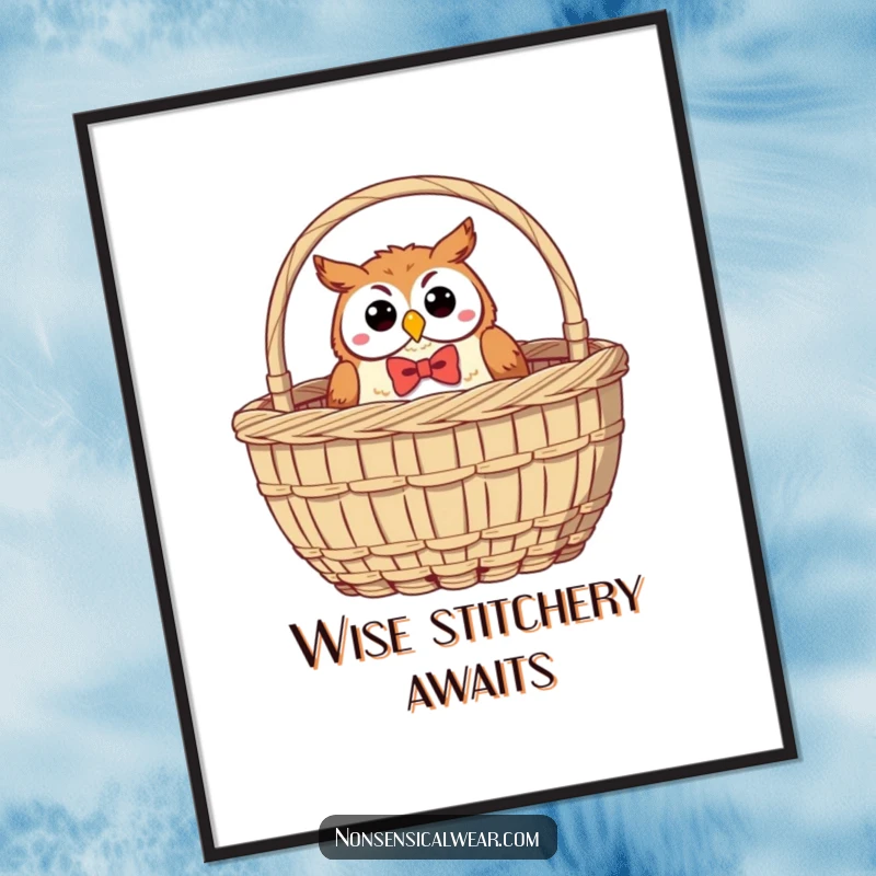 Funny Owl Digital Art: A jolly owl with a bow tie peeks from a sewing basket, a humorous and charming printable.