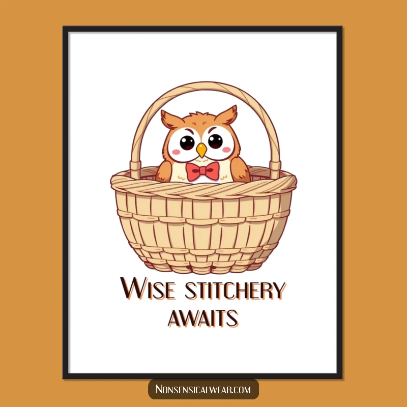 Funny Owl Bow Tie Digital Art: Sewing Basket Whimsy, Instant Funny Gift