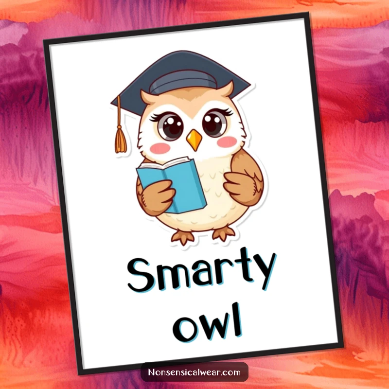 Funny digital printable art of a round owl in a graduation cap holding a book, celebrating academic success.