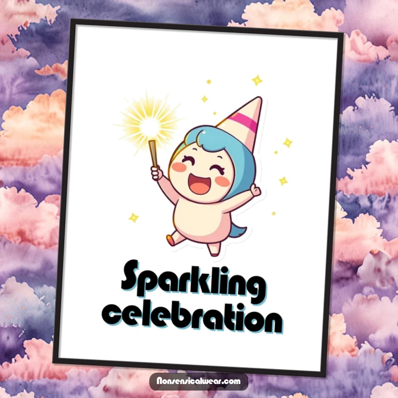 Funny digital art print of a cheering character launching a sparkling party popper, capturing a scene of pure, unadulterated celebration and festive glee.