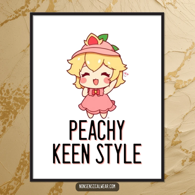 Funny peach character enthusiastically wearing a tiny hat, captured in a delightful digital art print for immediate enjoyment.