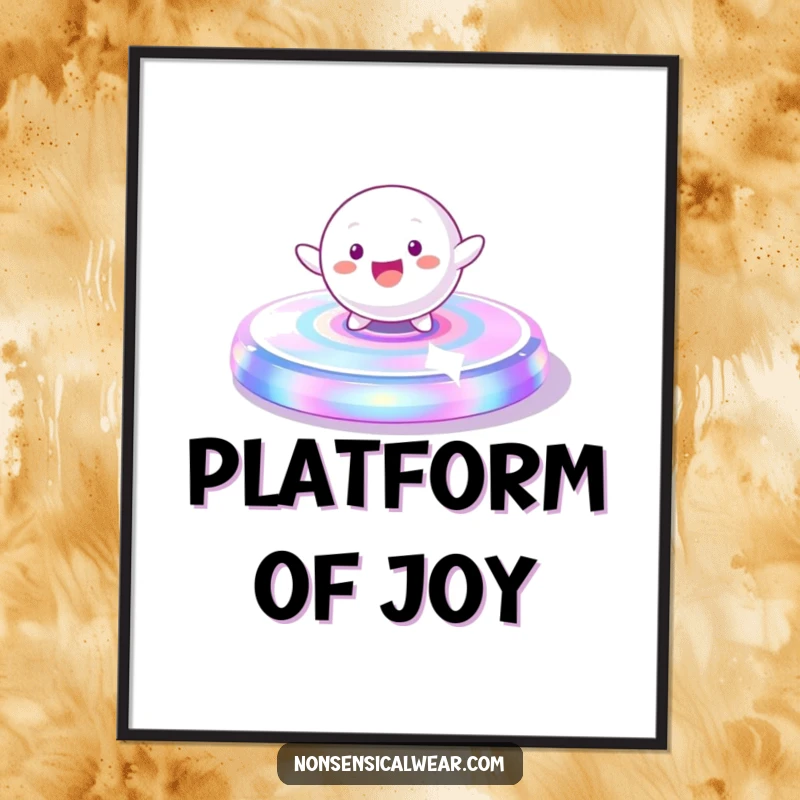 Funny Digital Art Print: A playful, spherical character gleefully spinning on a vibrant, iridescent platform, adding dynamic joy.