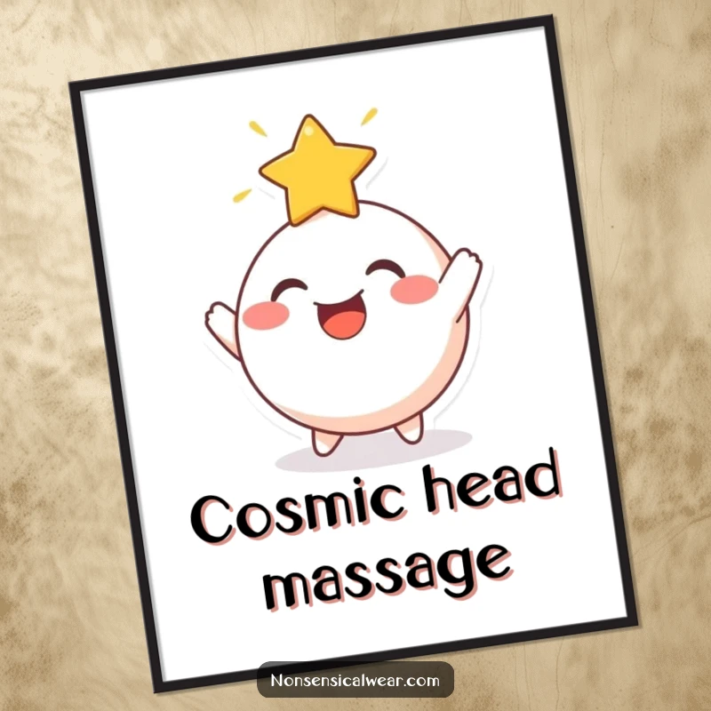 Funny Digital Art Print: A cheerful, round character joyfully bouncing a radiant star off its head, full of cosmic joy.