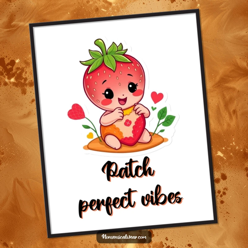Funny digital art print of a happy strawberry character actively stitching a colorful patch, ideal for humorous craft room decor.