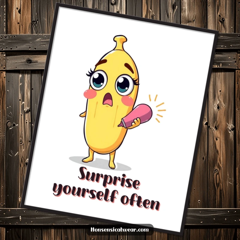 Funny surprised banana character with wide eyes holding a party popper, as a digital art print, adding playful surprise to decor.