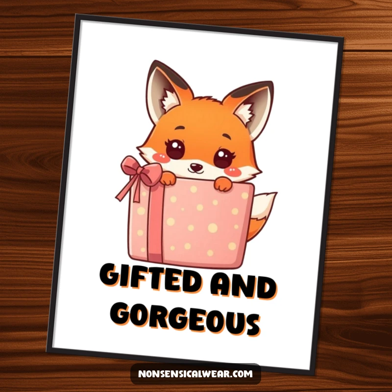 Funny kawaii fox hiding behind a vibrant gift box, a humorous and cute digital art print, perfect for instant wall decor.